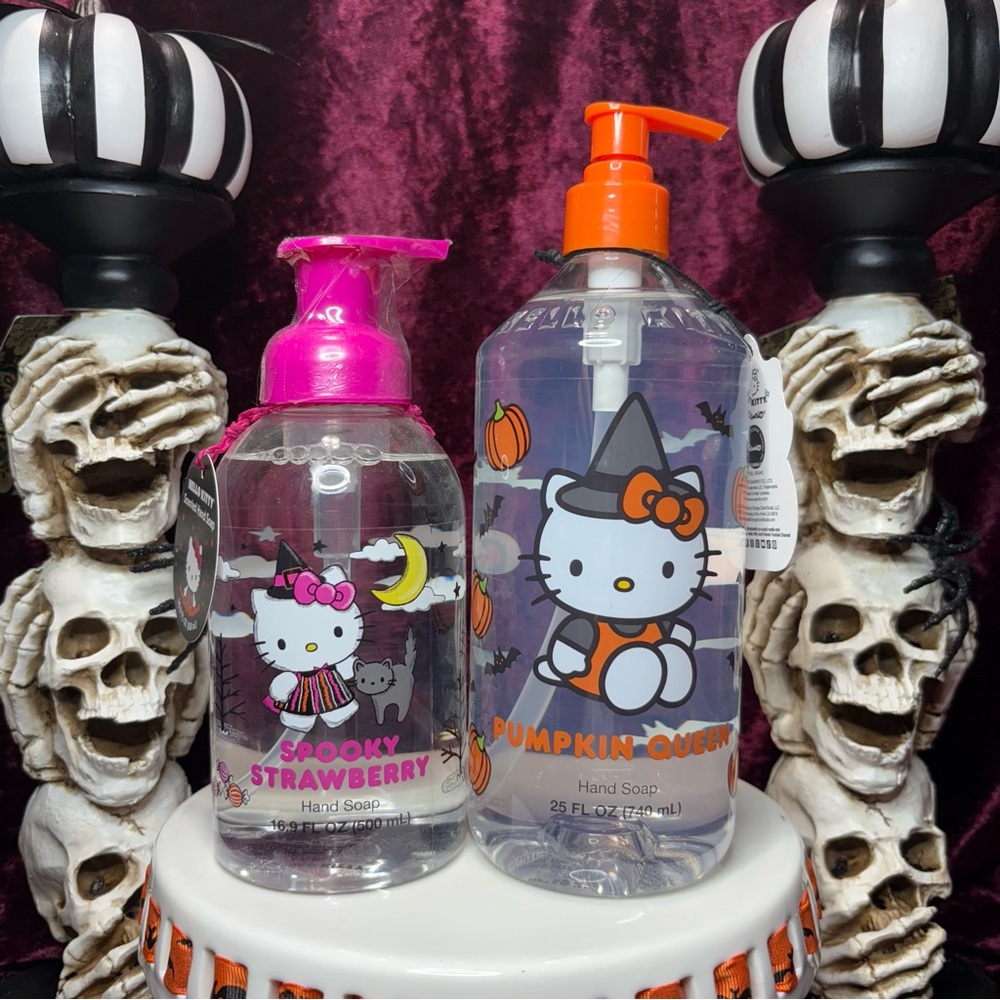 Halloween Sanrio Hello Kitty Refillable Soap Dispensers - Strawberry & Pumpkin
